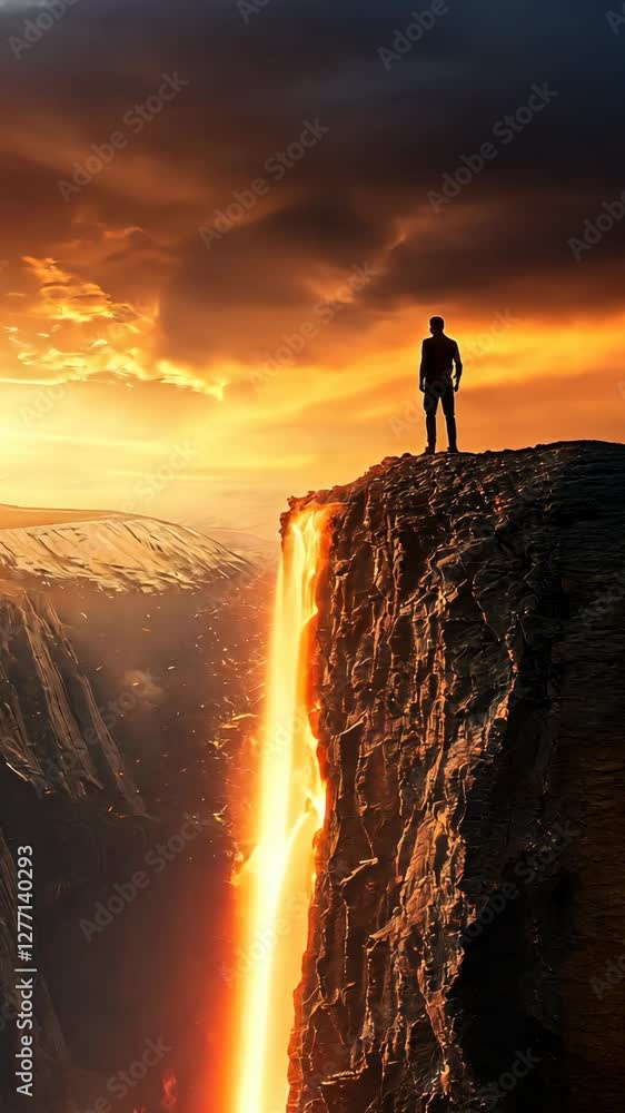 Breathtaking sunset view of a person standing on a rocky cliff overlooking a cascading lava waterfall in a volcanic landscape Breathtaking sunset view of a person standing on a rocky cliff overlooking a cascading lava waterfall in a volcanic landscape