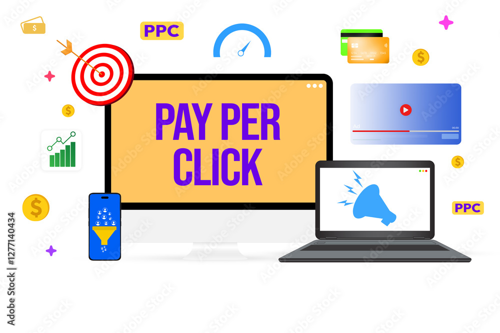 PPC Advertisement Campaigns running on multiple devices concept with target, goals and strategy design. Business leads, focus, outcome, pay per click ads, converisons, profit and revenue design PPC Advertisement Campaigns running on multiple devices concept with target, goals and strategy design. Business leads, focus, outcome, pay per click ads, converisons, profit and revenue design