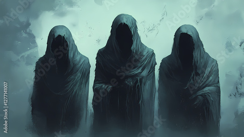 Three mysterious hooded figures. Otherworldly Shadow Creatures. Illustration photo