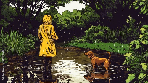 Person in Yellow Raincoat Walking Dog in Rainy Forest Landscape