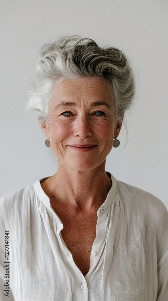 A joyful White woman with silver hair presents a warm smile, showcasing her friendly demeanor in a studio with bright lighting A joyful White woman with silver hair presents a warm smile, showcasing her friendly demeanor in a studio with bright lighting
