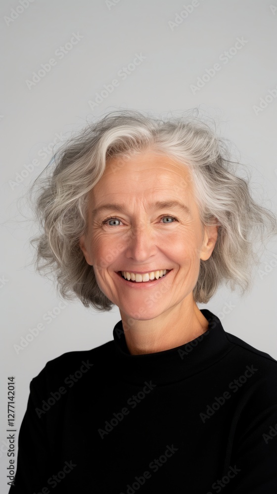 A joyful White woman with silver hair smiles brightly, showcasing her facial structure in a well-lit studio setting A joyful White woman with silver hair smiles brightly, showcasing her facial structure in a well-lit studio setting