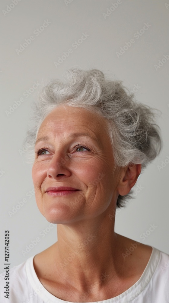 A joyful White woman poses with a warm smile against a white background, highlighting her facial features and personality A joyful White woman poses with a warm smile against a white background, highlighting her facial features and personality