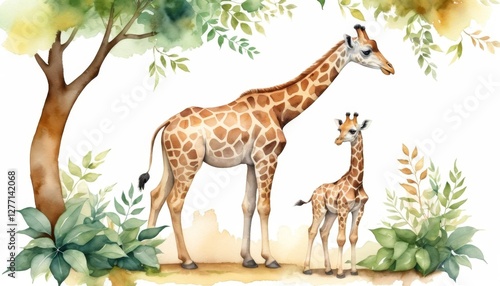 Watercolor illustration of a baby giraffe and its mother enjoying a sunny day in a lush environment during the spring season