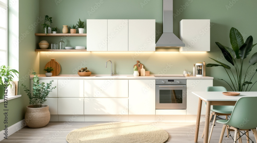 Fototapeta premium modern white kitchen with sage green walls and natural light