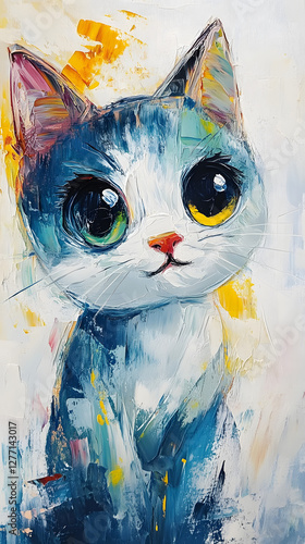An abstract oil painting of an adorable cat with large eyes
