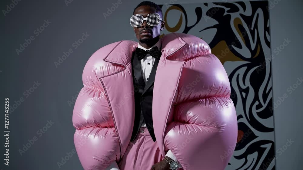 Stylish male model showcasing an extravagant, oversized, bubblegum pink inflatable suit, paired with a classic black tuxedo and futuristic sunglasses, against a backdrop of modern art
