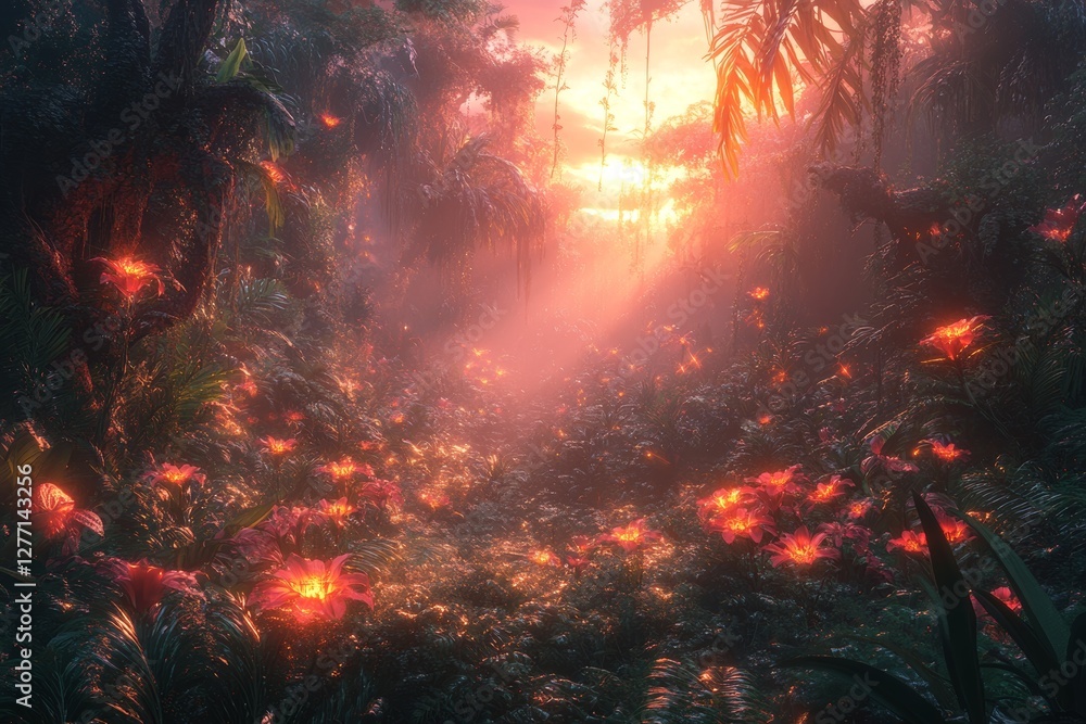 Obraz premium Glowing Flora and Creatures in an Alien Forest