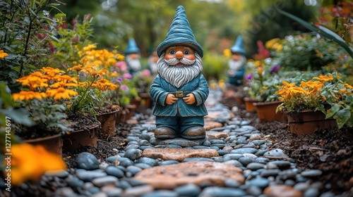 A series of whimsical garden gnomes and planters placed along a garden path, creating a playful atmosphere.