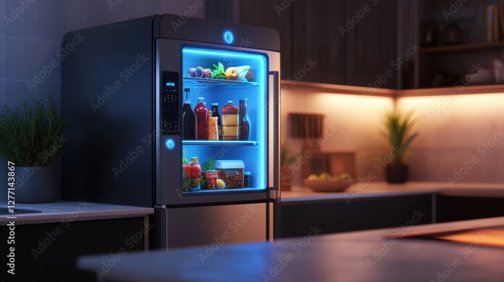 A 3D concept of a smart fridge automatically ordering groceries online A 3D concept of a smart fridge automatically ordering groceries online