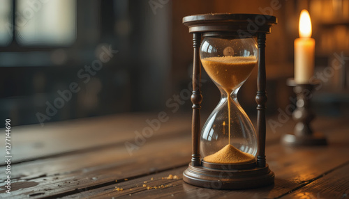 A vintage hourglass with golden sand slowly trickling down, placed on an old wooden table. The soft glow of candlelight flickers nearby, emphasizing the passage of time and creating a warm, nostalgic 