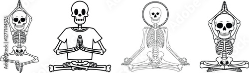 Set of human skeletons vector in a yoga mediation pose, skeletons practicing exercise, useable for biological, fitness, balancing lifestyles in a white background.