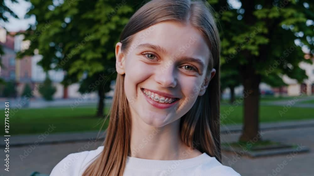 Portrait of a cheerful young woman with clear aligners smiling at the camera in a park setting, showcasing her orthodontic treatment and positive attitude Portrait of a cheerful young woman with clear aligners smiling at the camera in a park setting, showcasing her orthodontic treatment and positive attitude