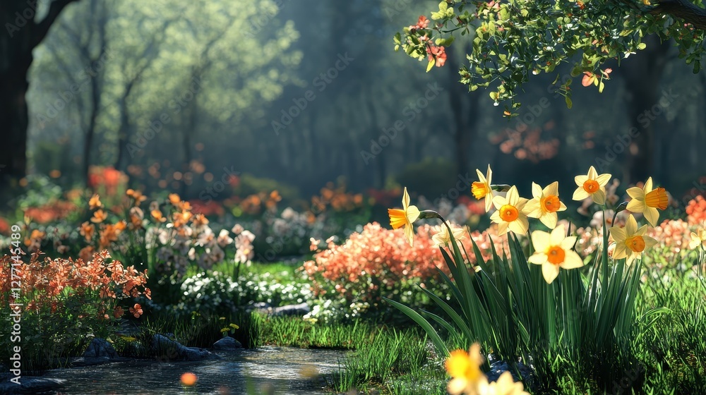 Serene spring garden with blooming daffodils and lush trees by a stream Serene spring garden with blooming daffodils and lush trees by a stream