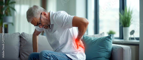mature man experiencing lower back pain while sitting on a sofa