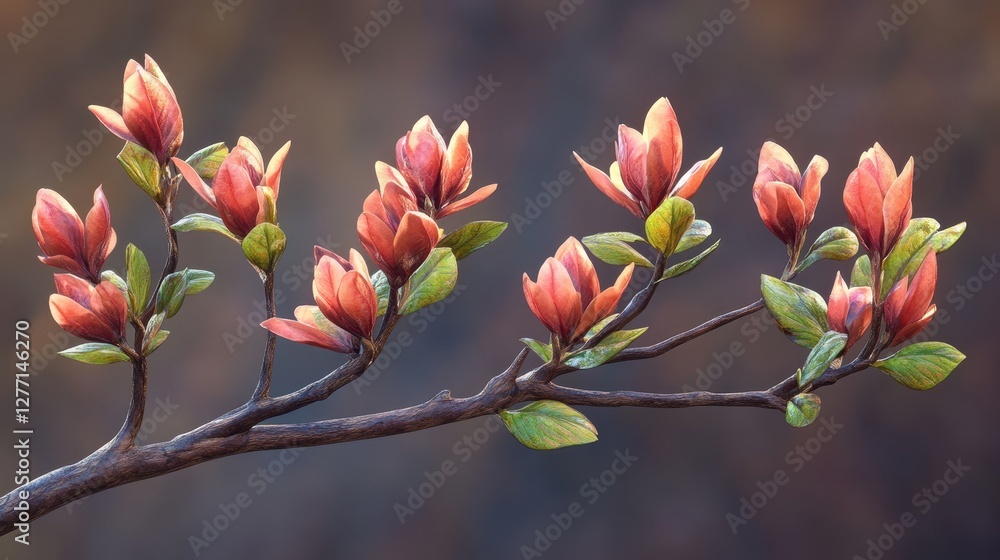 Vibrant red magnolia flowers blooming on a branch in springtime Vibrant red magnolia flowers blooming on a branch in springtime
