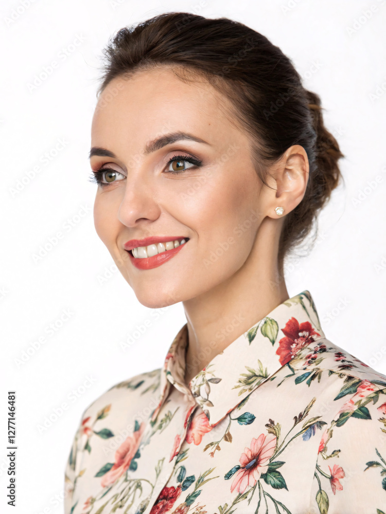 Portrait of a beautiful, young businesswoman in a floral blouse, isolated on white background Portrait of a beautiful, young businesswoman in a floral blouse, isolated on white background