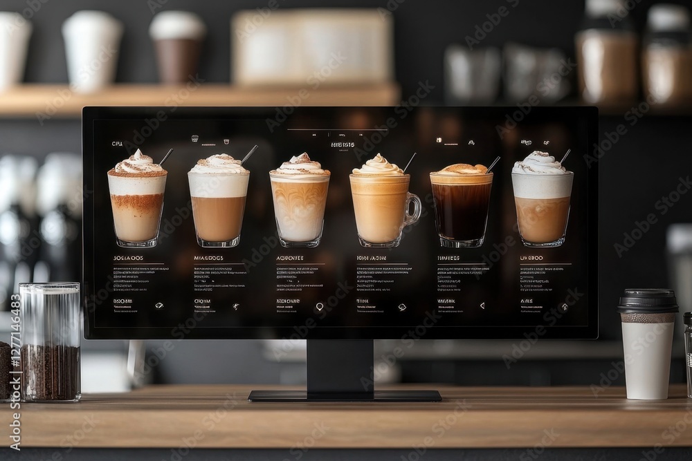 A digital menu board displaying a variety of 3D coffee drinks, modern UI design
