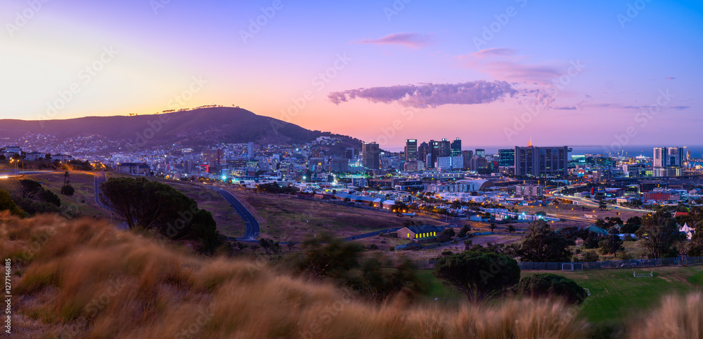Panorama of Cape Town City During Twilight Sunset with Lit-Up Buildings, South Africa