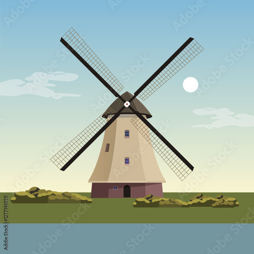 Traditional Dutch windmills - Stock Illustration