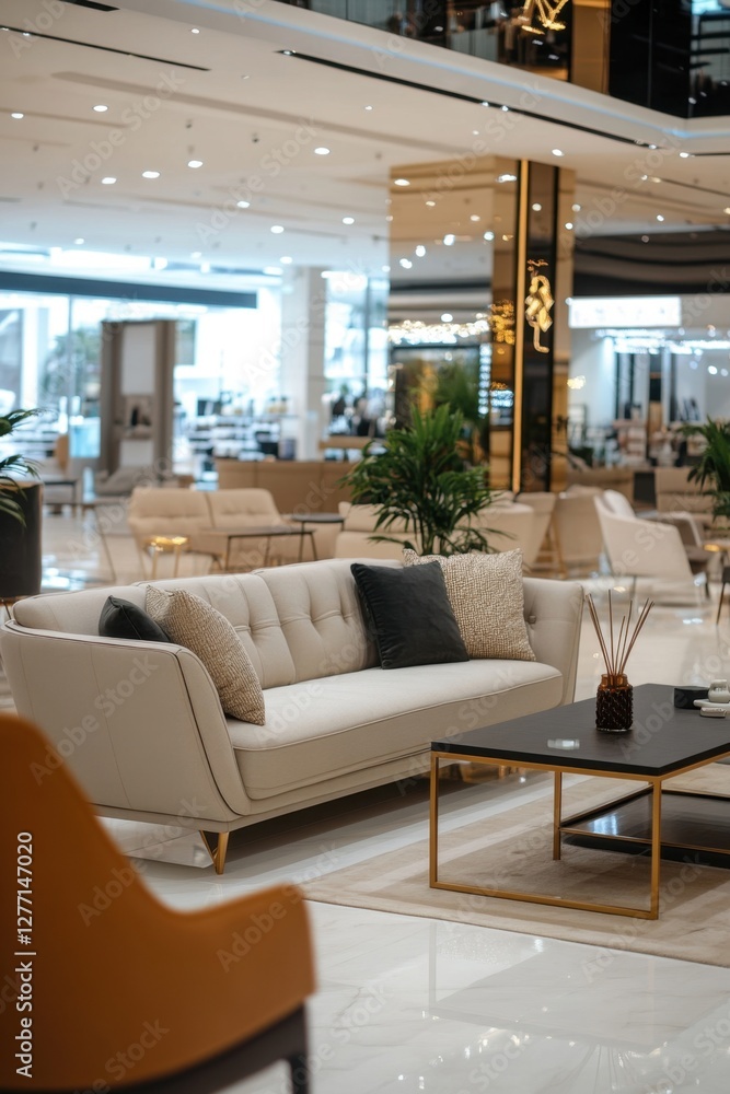 A furniture showroom inside a mall displaying modern sofas and coffee tables, elegant retail environment