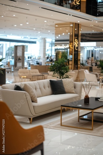 Obraz na płótnie A furniture showroom inside a mall displaying modern sofas and coffee tables, elegant retail environment w salonie