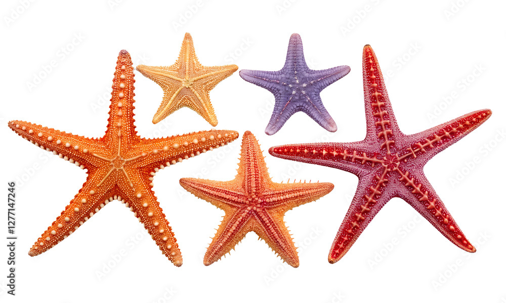 Four distinct starfish, each a different color, are arranged in a row against a pristine white background, creating a beautiful visual contrast Four distinct starfish, each a different color, are arranged in a row against a pristine white background, creating a beautiful visual contrast
