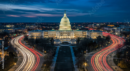 A blurred motion shot of car lights streaking through the streets, with the Washington D.C. Capitol building glowing in the background, creating a dynamic and atmospheric cityscape.
