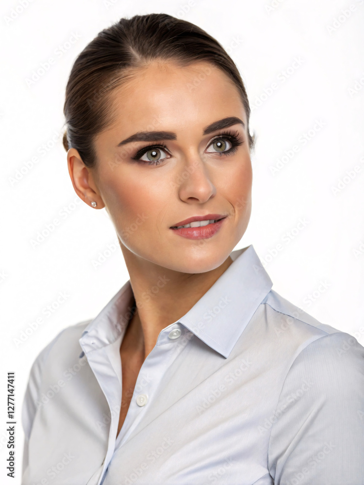Portrait of a beautiful, young businesswoman in a fitted dress shirt, isolated on white background, Portrait of a beautiful, young businesswoman in a fitted dress shirt, isolated on white background,