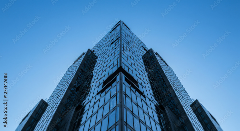 Geometric skyscrapers rise dramatically, viewed from a low angle against a clear blue sky, highlighting modern architecture, scale, and urban sophistication. Geometric skyscrapers rise dramatically, viewed from a low angle against a clear blue sky, highlighting modern architecture, scale, and urban sophistication.