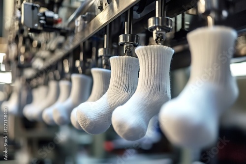 White socks hanging on a mechanized production line in a textile factory, showcasing the efficiency and precision of modern manufacturing processes in the garment industry photo