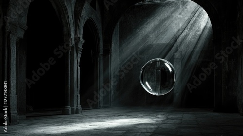 Mysterious stone chamber with floating sphere and dramatic light rays photo