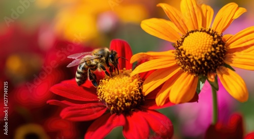 Honeybee pollinating vibrant red and orange flowers in lush garden