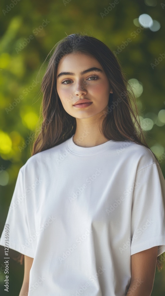 Young woman with long hair wearing plain white t-shirt outdoors Young woman with long hair wearing plain white t-shirt outdoors