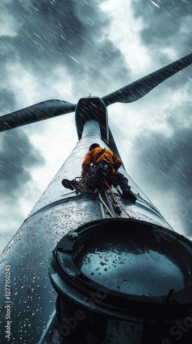 Wind turbine technician repairs equipment under stormy skies at great heights