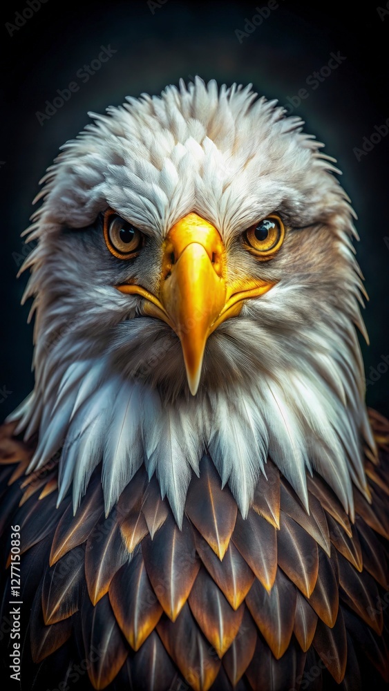 Obraz premium Close-up portrait of a bald eagle with piercing yellow eyes, intricate feather details, dramatic lighting, dark blurred background, intense and powerful gaze, high-detail textures