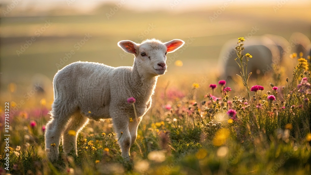 Obraz premium Cute lamb standing in a meadow full of wildflowers, soft natural sunlight, sharp details, vibrant colors, serene countryside atmosphere, shallow depth of field, warm golden hour glow