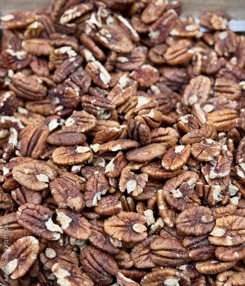 Obraz premium A slide of traditional caramelized, roasted, sweet pecans peeled for sale in a glass basket at a local specialty market. Close-up