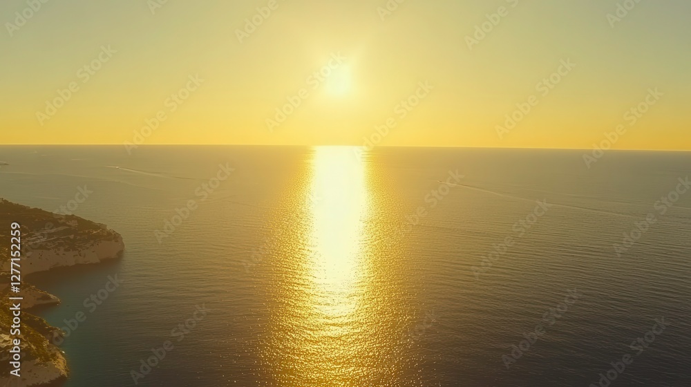 Fototapeta premium Golden sunset reflection over tranquil ocean waters coastal landscape aerial view nature beauty