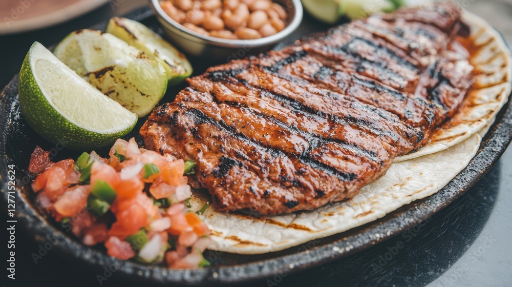 Sizzling carne asada with handmade tortillas and vibrant pico de gallo at a cozy Mexican restaurant Sizzling carne asada with handmade tortillas and vibrant pico de gallo at a cozy Mexican restaurant