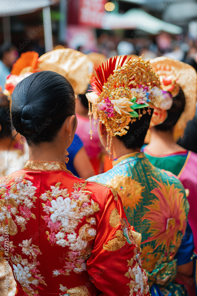 Group of people in beautiful traditional Thai costumes walking together in a Songkran parade, vibrant silk and embroidery, wide-angle shot in bright daylight Generative AI Group of people in beautiful traditional Thai costumes walking together in a Songkran parade, vibrant silk and embroidery, wide-angle shot in bright daylight Generative AI