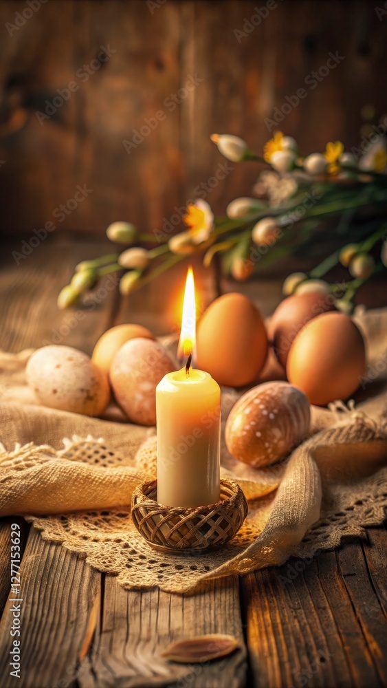 Single Easter candle with a soft flickering flame, placed on a rustic table next to hand-painted eggs and a lace cloth, warm golden light, vintage aesthetic, shallow depth of field Single Easter candle with a soft flickering flame, placed on a rustic table next to hand-painted eggs and a lace cloth, warm golden light, vintage aesthetic, shallow depth of field
