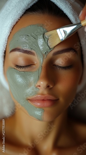 Woman enjoying a relaxing green clay mask treatment at a spa while lying on a treatment table in a serene environment during a self care session