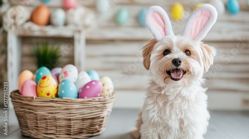 A cute fluffy dog with bunny ears sits beside a basket full of colorful Easter eggs. The background is softly blurred featuring cheerful Easter decorations perfect for springtime photo