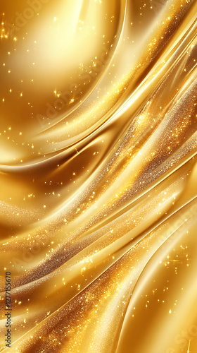 A shiny, shimmering golden satin fabric with subtle glitter accents.
