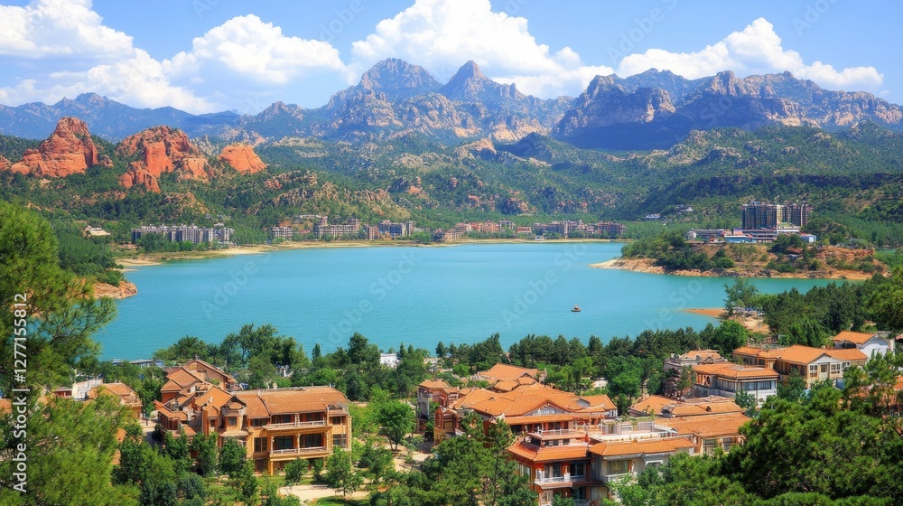 Fototapeta premium Scenic mountain lake landscape china nature photography vibrant environment wide-angle view serenity