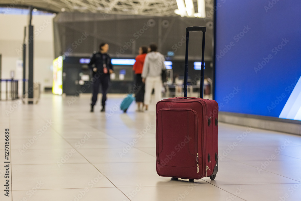 Red-brown rolling travel suitcase at the airport terminal with blurred passengers in the background. Journey, luggage, and aerodrome concepts. Red-brown rolling travel suitcase at the airport terminal with blurred passengers in the background. Journey, luggage, and aerodrome concepts.