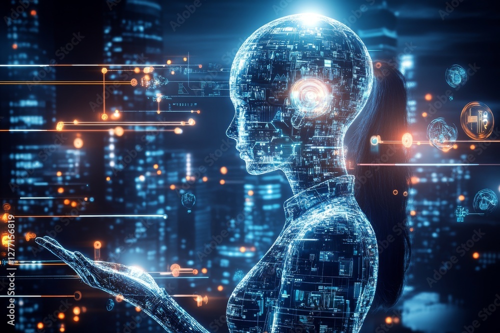 Artificial intelligence humanoid robot showing digital hologram in futuristic city Artificial intelligence humanoid robot showing digital hologram in futuristic city