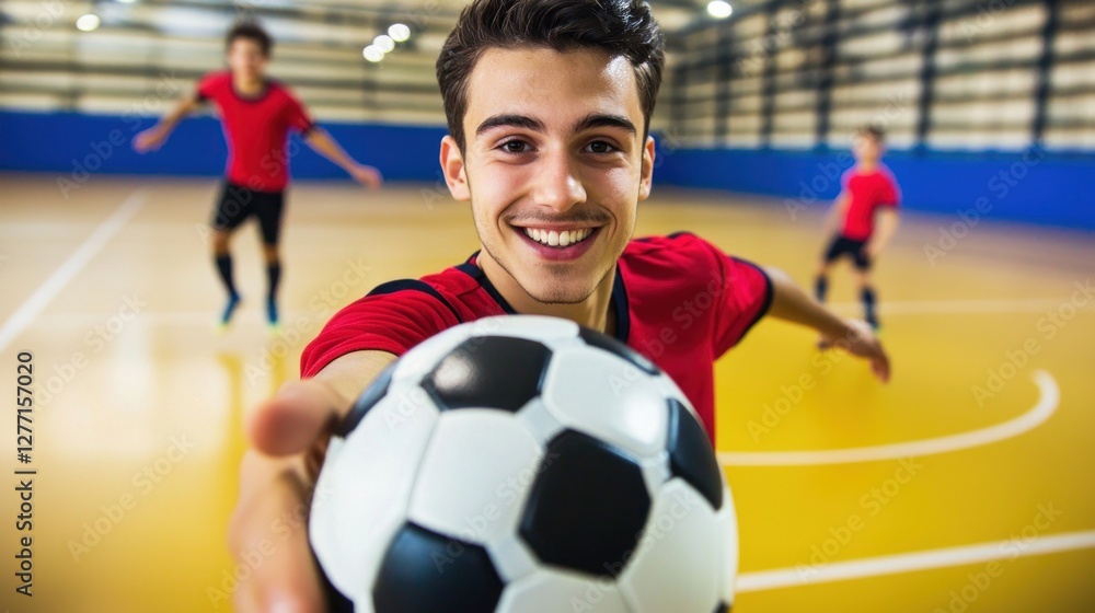 Fototapeta premium Young Athlete Smiling with Soccer Ball in Indoor Sports Facility