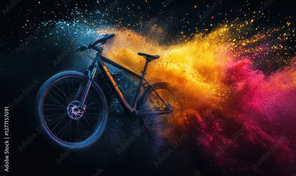 Obraz premium Bicycle surrounded by vibrant, colorful powder explosion on dark background.